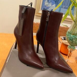 MA&LO Women's Dark Brown Pointed Leather Ankle Booties